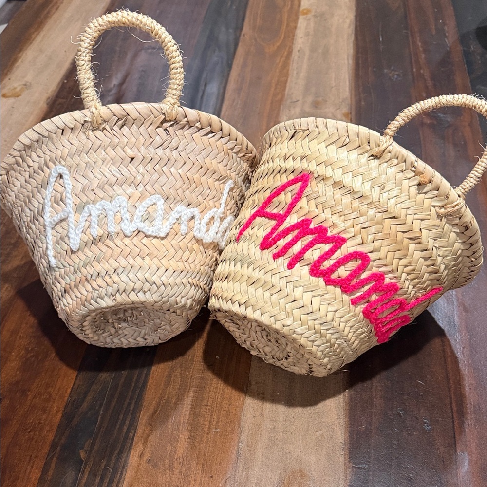 Two Personalized Straw Basket with Pink & White Script